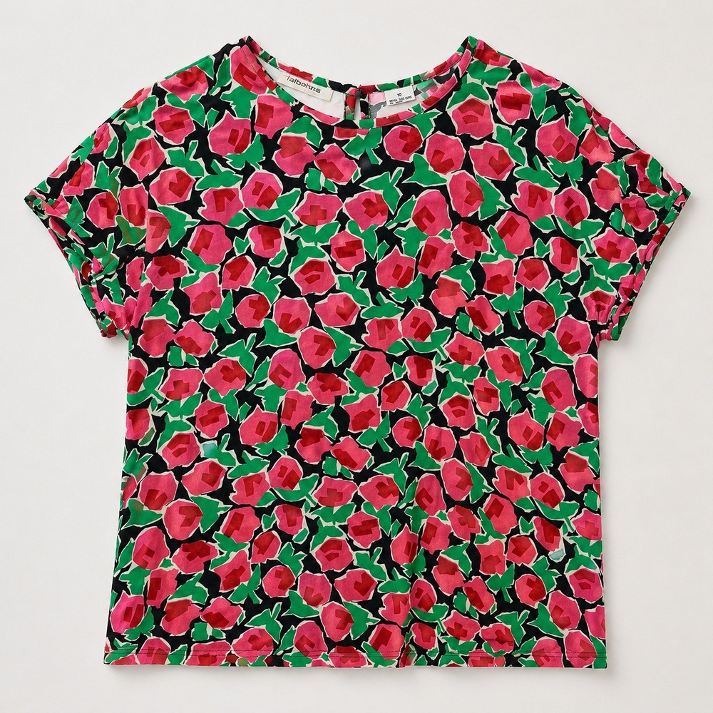 Liz Claiborne Vintage 100% Silk Abstract Floral Blouse Pink Green‎ sz 10 Rainbow